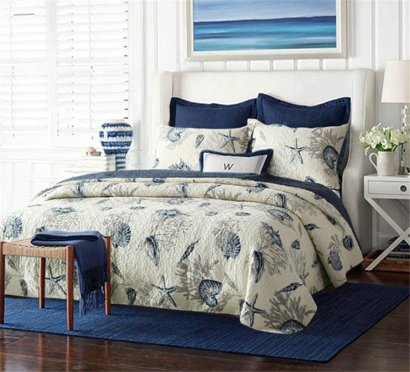 ABREEZE Nautical Theme Quilt Set with Shams Cotton Beach Bedspreads King Coastal Navy Coverlet, Sea Shell Conch Coral Starfish Oversized Quilt - Image 2
